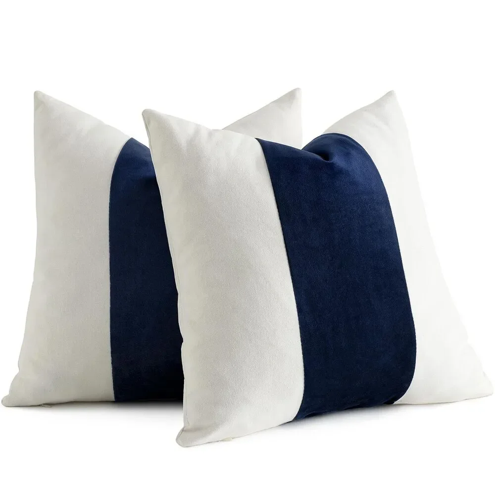 Set of 2, 18 x 18-Inch Velvet Panel Cotton Pillow Covers (Navy Blue Stripe)